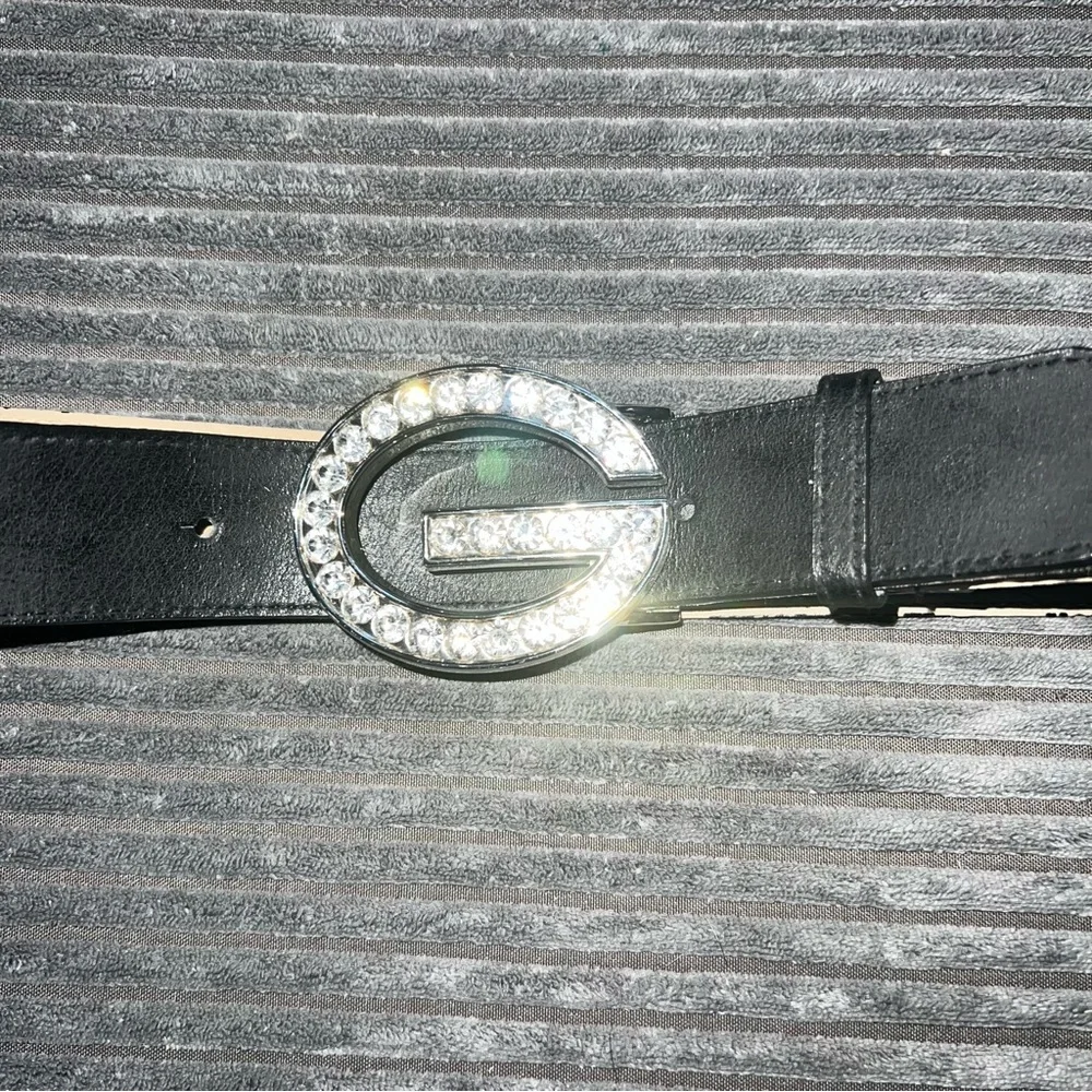 Guess Logo Rhinestone G Black Leather Belt - Size M